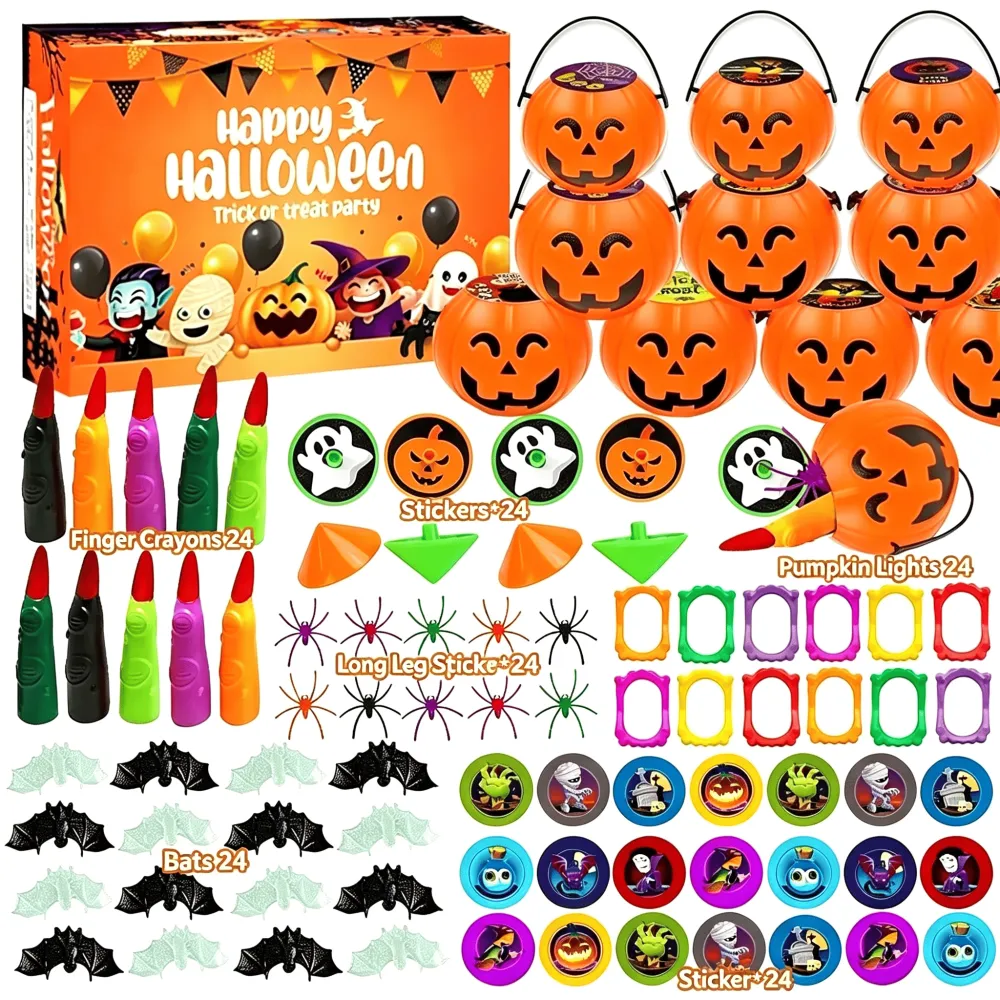 144 Pcs 24 Packs Prefilled Mini Pumpkin Buckets for Kids Halloween Party Favors Trick