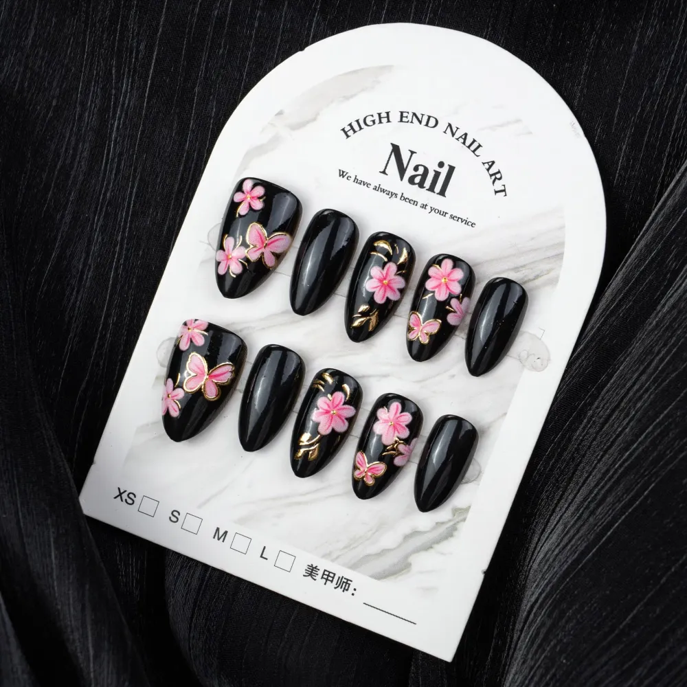 Nailhour 30Pcs Black Floral Medium Almond French Press On Nails