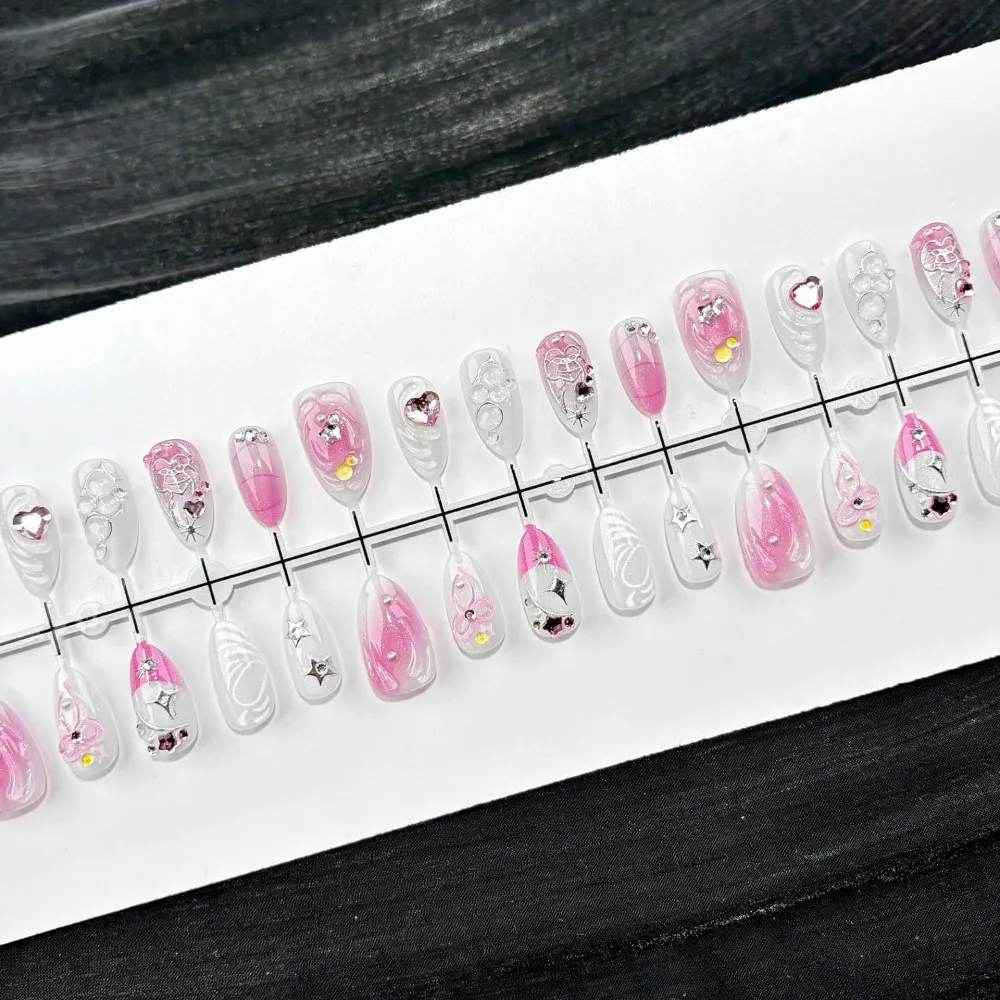 Nailhour 30Pcs Cat Eye Sweet And Cool Medium Almond French Press On Nails
