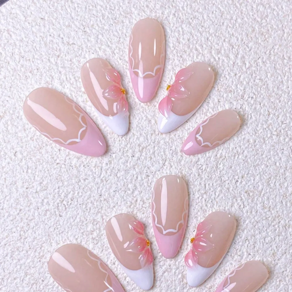 Nailhour 10Pcs Handmade French Medium Almond 3D Resin Nude Press On Nails