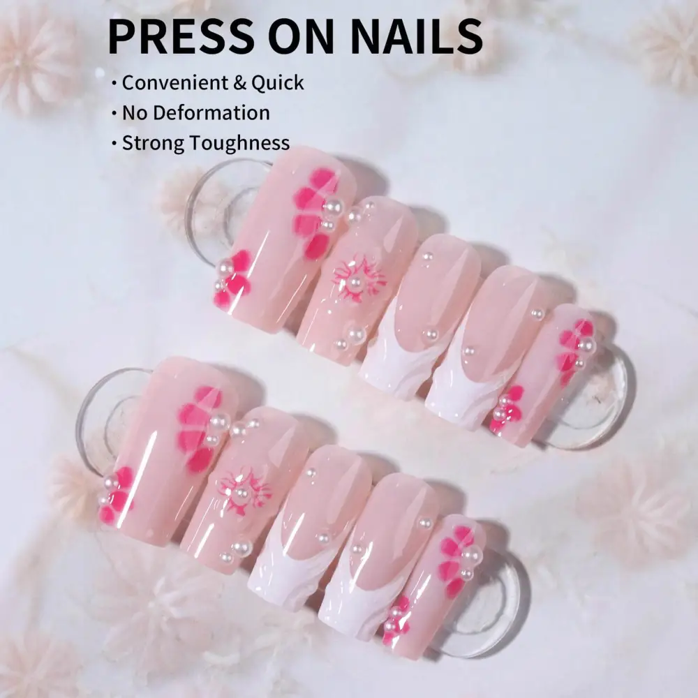 Nailhour 24Pcs French Long Square 3D Translucent Blooms Press On Nails