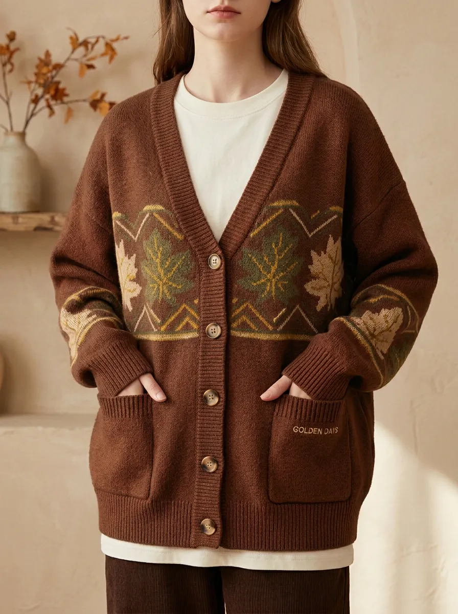 Textured Maple Leaf Pattern Patterned Women's Knit Cardigan