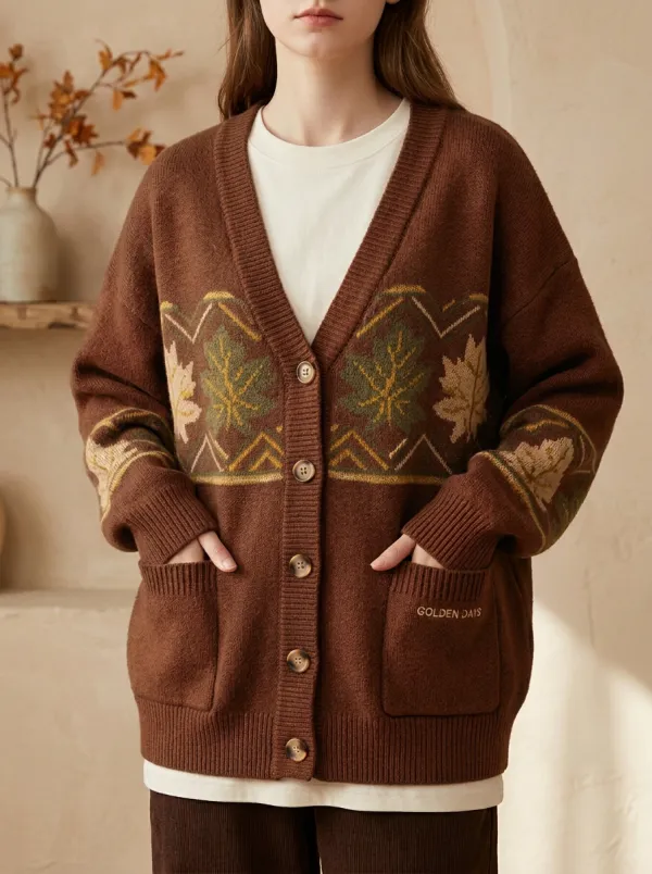 Textured Maple Leaf Pattern Patterned Women's Knit Cardigan