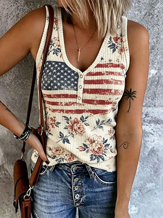 Women's American Flag Printed Sleeveless Tank Top