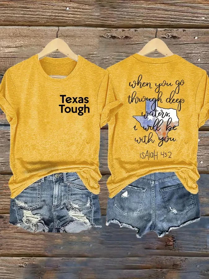 Retro Texas Tough Print Round Neck T-Shirt