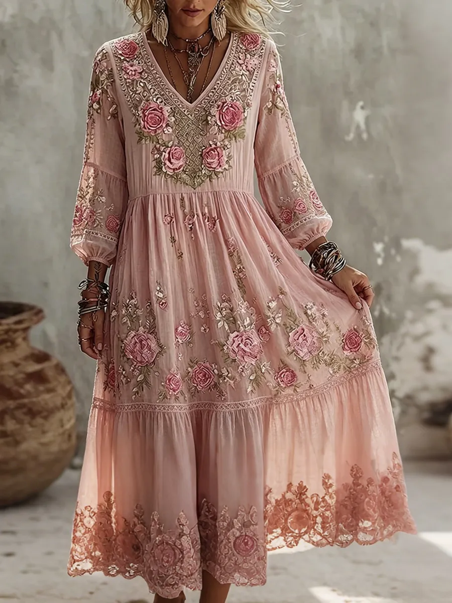 Women's Casual Linen Cotton Embroidered Floral Long Dress