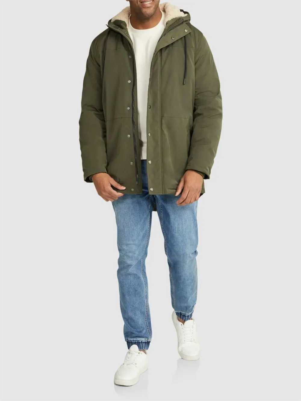 OLIVE GREEN HOODED PARKA WITH SHERPA LINING FOR COLD WEATHER