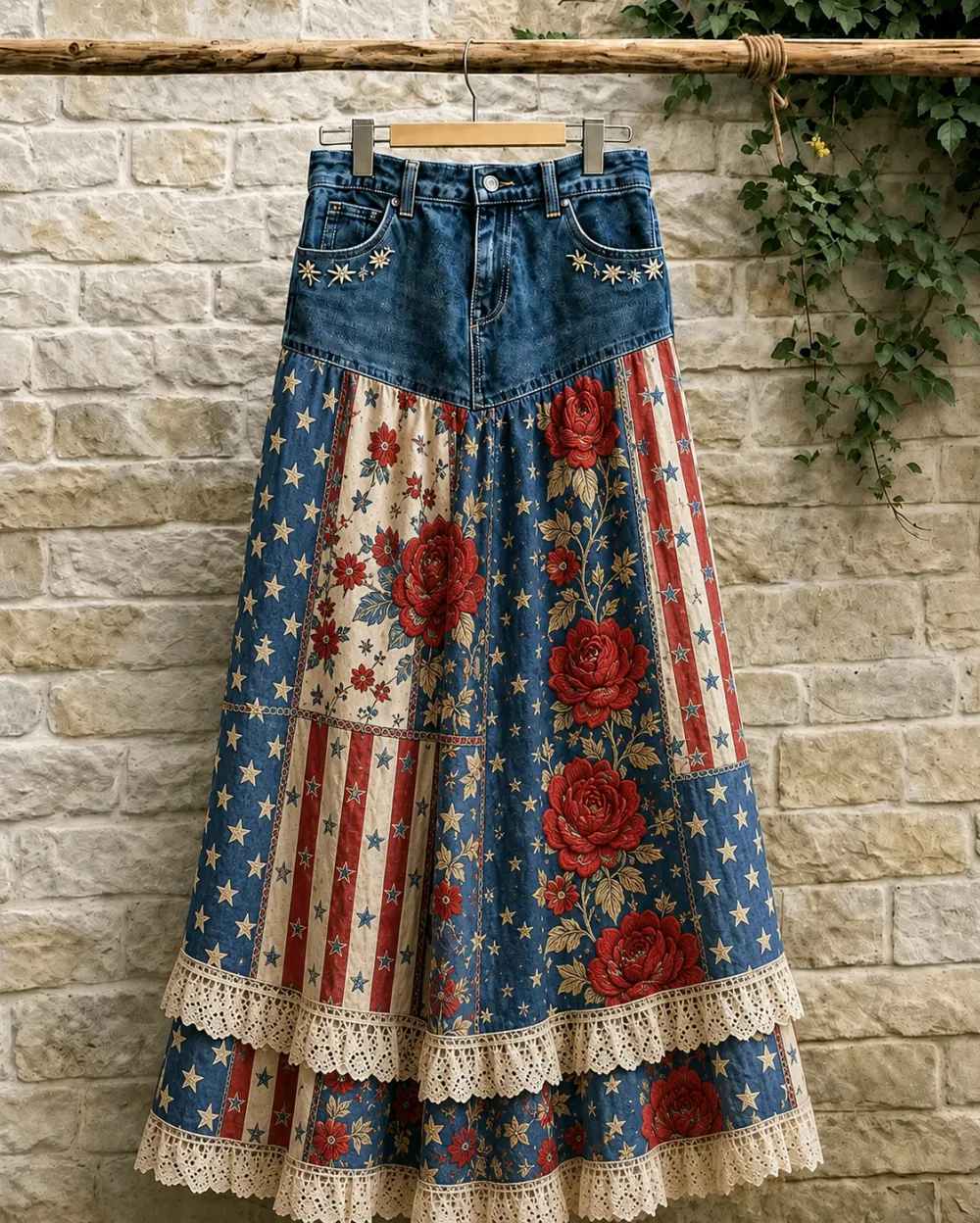 Women'S Casual Independent Day Denim Patchwork Printed Skirt