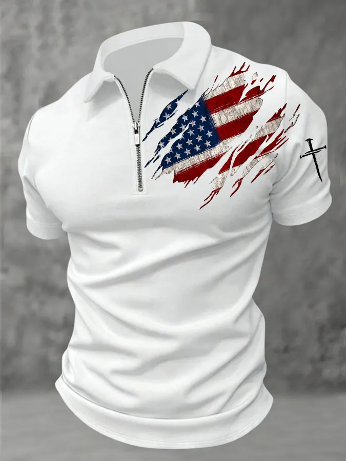 Men'S American Flag Cross Printed Zipper Collar Polo Shirt