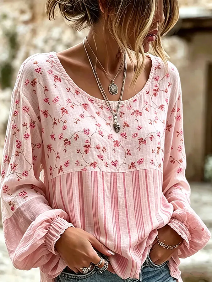 Women's Casual Cotton Linen Flower Print Top