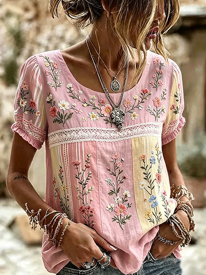 Women's Boho Floral Patchwork Embroidered Puff Sleeve Top