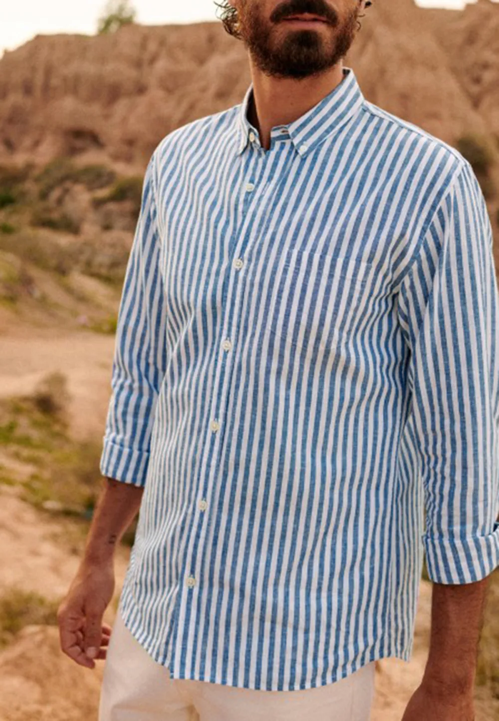 Cotton Linen  Shirt-Blue Stripes