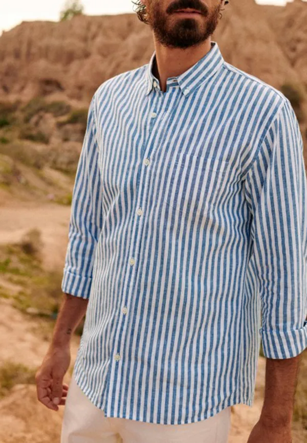 Cotton Linen  Shirt-Blue Stripes
