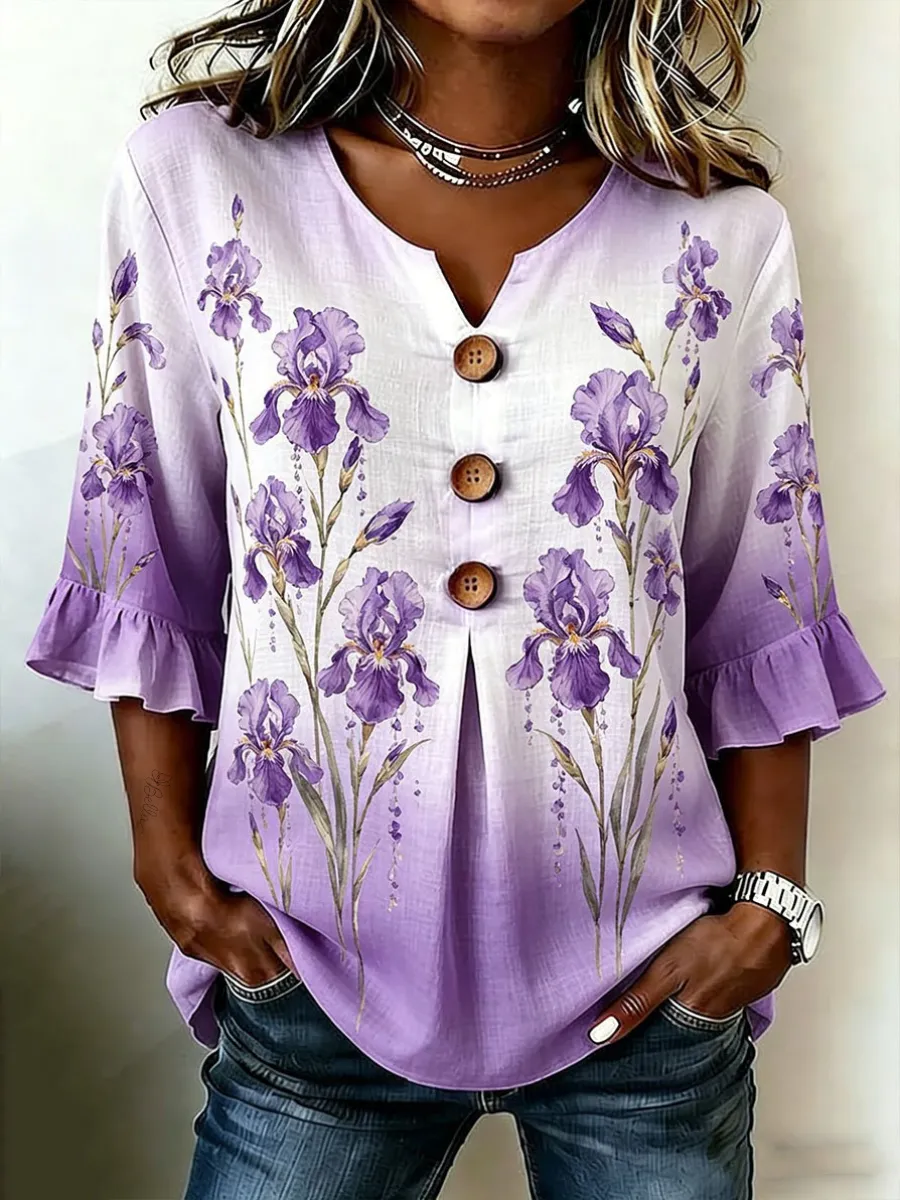 Women's Alzheimer's Disease Awareness Cotton and Linen Printed Casual Top