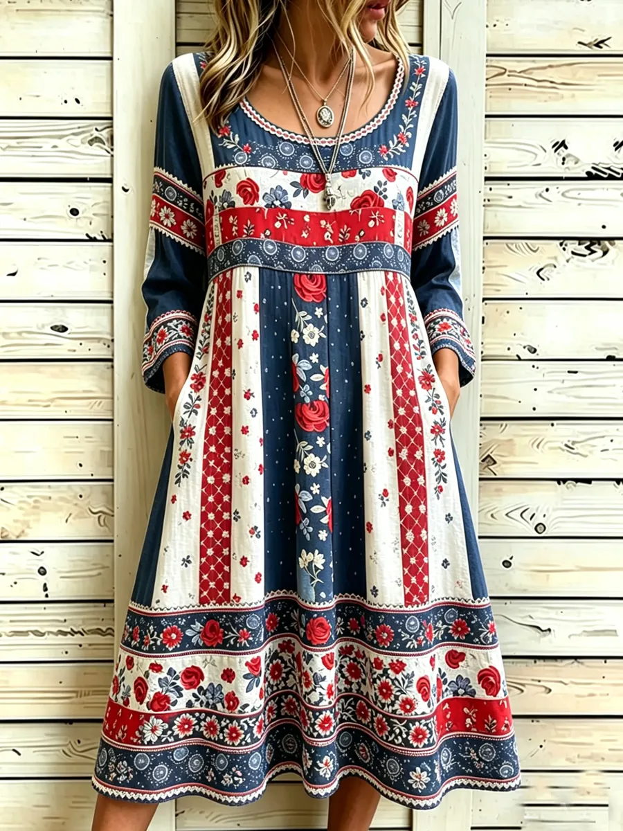 Women's Retro 250th Anniversary Flower Art Printed Dress