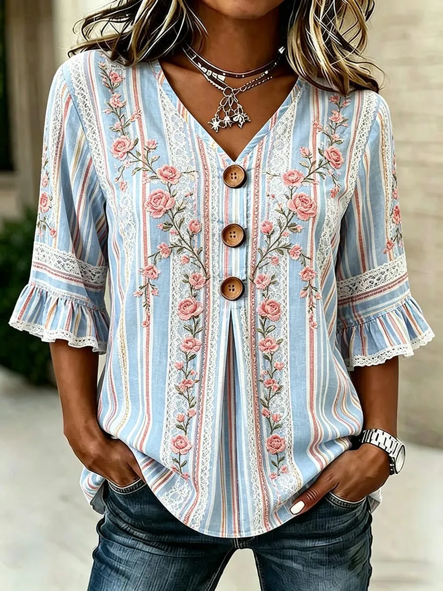 Women's Casual Floral Striped Art Linen Top