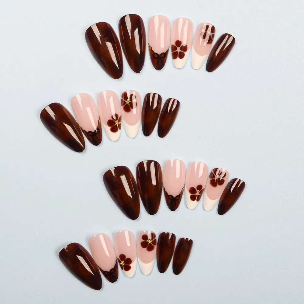 Nailhour 24Pcs Vintage Medium Almond French Press On Nails