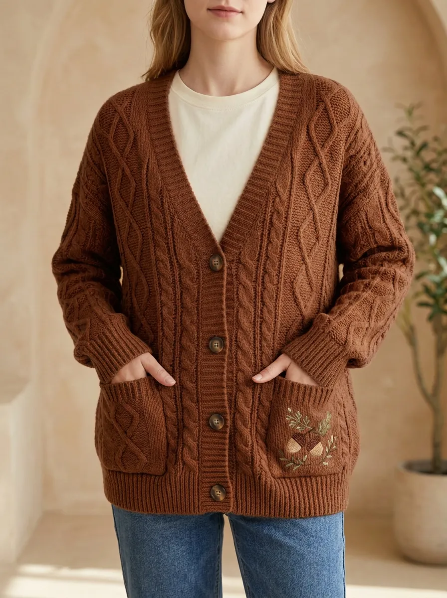 Botanical Acorn Cable Embroidered Women's Knit Cardigan