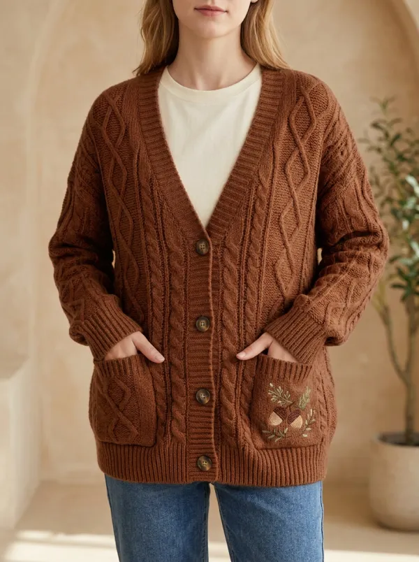 Botanical Acorn Cable Embroidered Women's Knit Cardigan