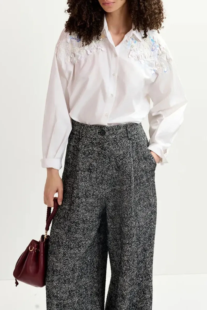 Embroidered Detail Button Up White Shirts