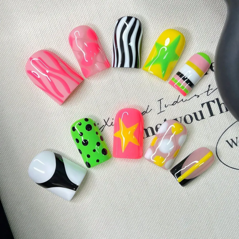 Nailhour 10Pcs Multicolor Y2K Handmade Short Square Press On Nails