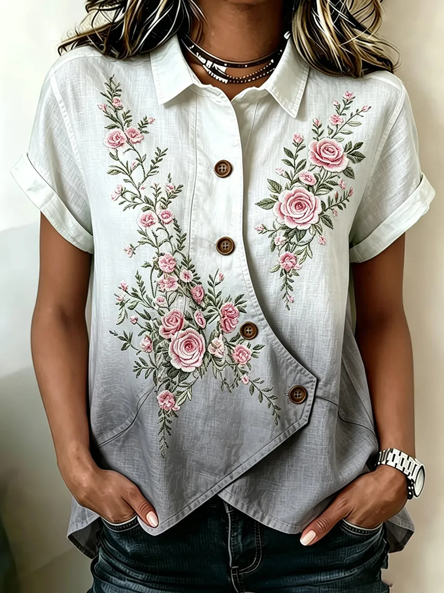Women's Retro Rose Casual Gradient Cotton Linen Blend Shirt