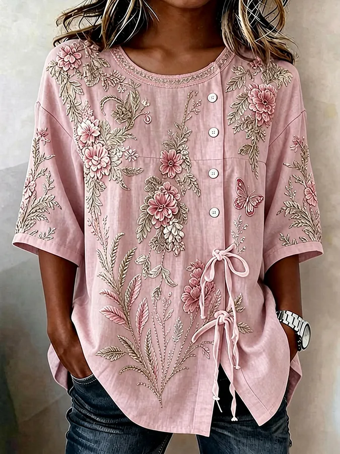 Women's casual floral cotton linen short sleeved shirt