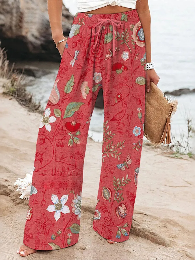 Women'S Casual Floral Art Printed Loose Cotton And Linen Pants
