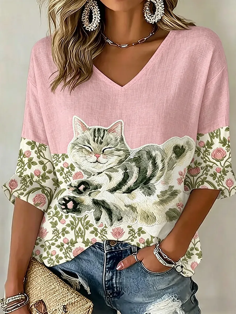 Women's Cute Cat & Floral Art Casual Linen V-Neck Shirt