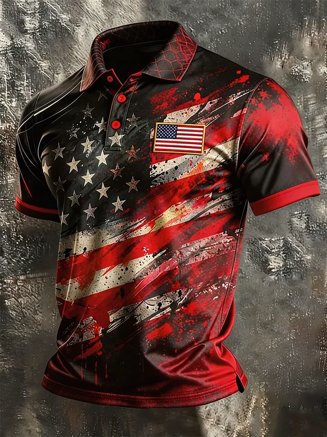 Men's Vintage Distressed American Flag Red Black Patriotic Polo Shirt