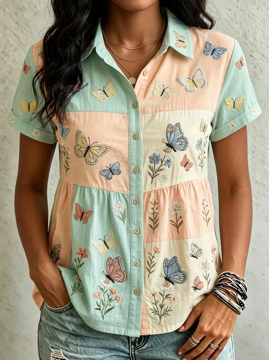 Women's Butterfly Floral Nature Lover Embroidered Cotton Linen Shirt