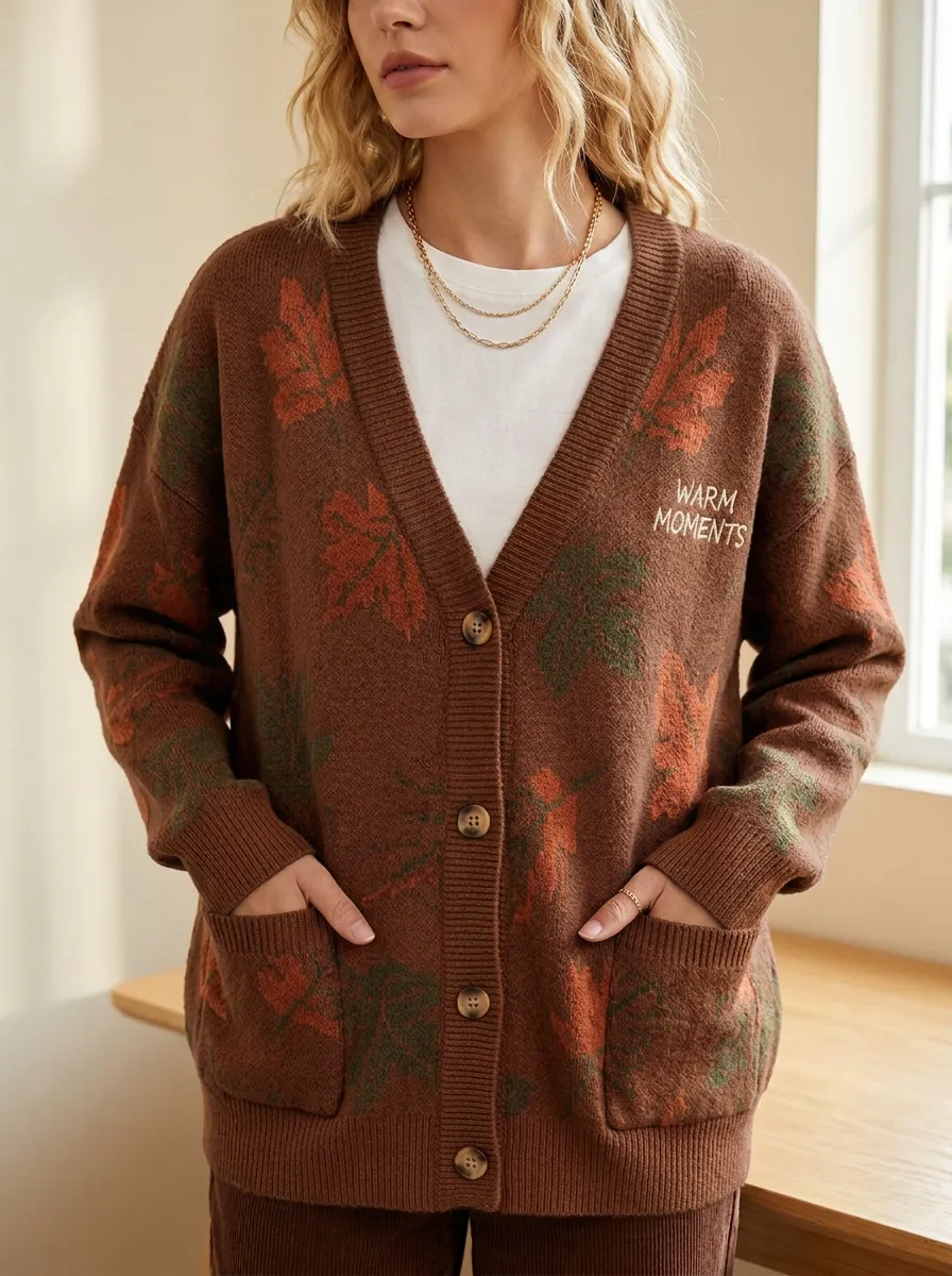 Botanical Maple Leaf Embroidered Women's Knit Cardigan