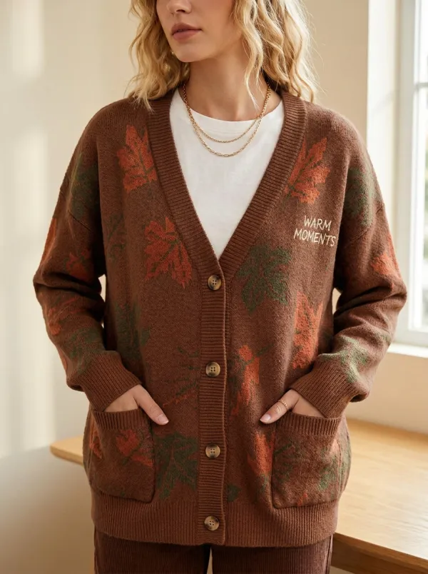 Botanical Maple Leaf Embroidered Women's Knit Cardigan