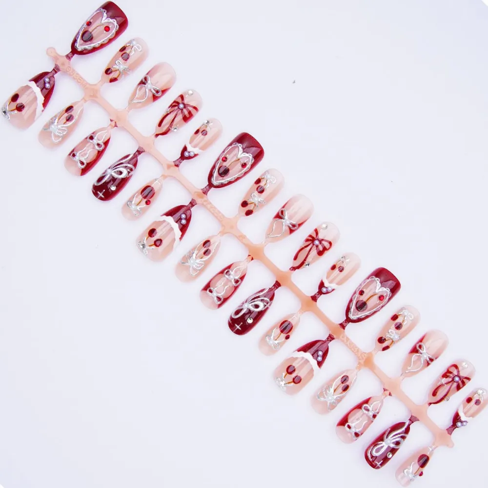 Nailhour 30Pcs Christmas Cherry 3D Medium Almond French Press On Nails