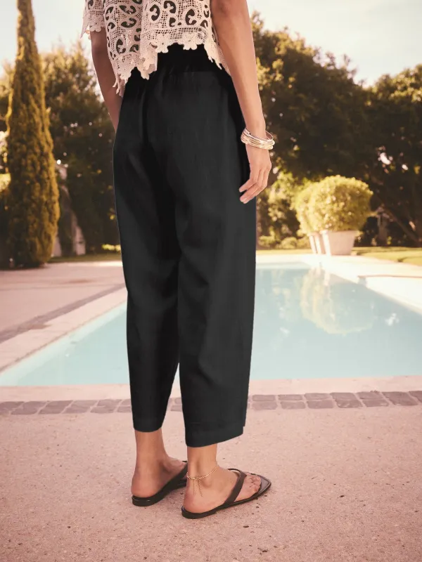 Tie Waist Belt Bucket Leg Linen Blend Pants