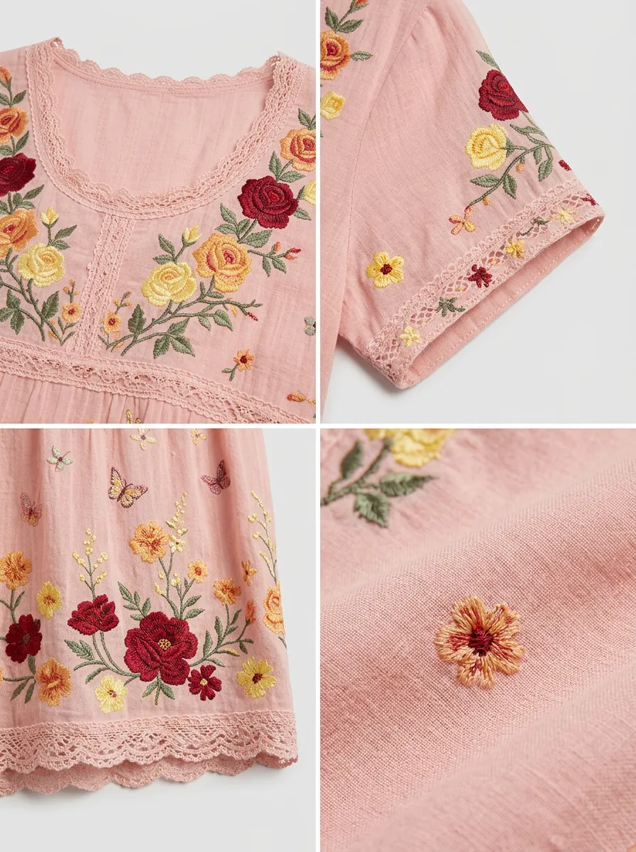 Women's Floral Boho Rose Butterfly Embroidered Printed T-shirt