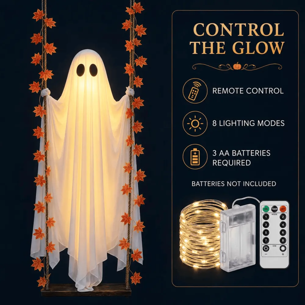 Halloween Porch/Garden Large Maple Leaf Swing Ghost Glowing Ornament