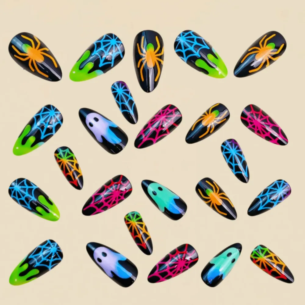 Nailhour 24Pcs Halloween Medium Almond Luminous Ghost Press On Nails