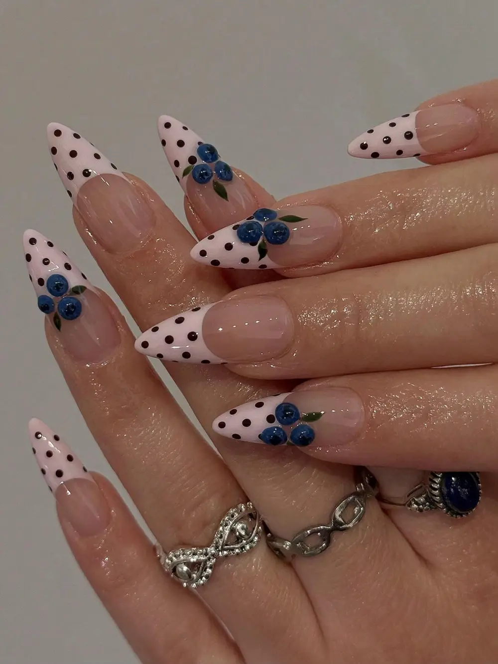Nailhour 10Pcs Handmade Medium Almond French Brown Polka Dots Press On Nails