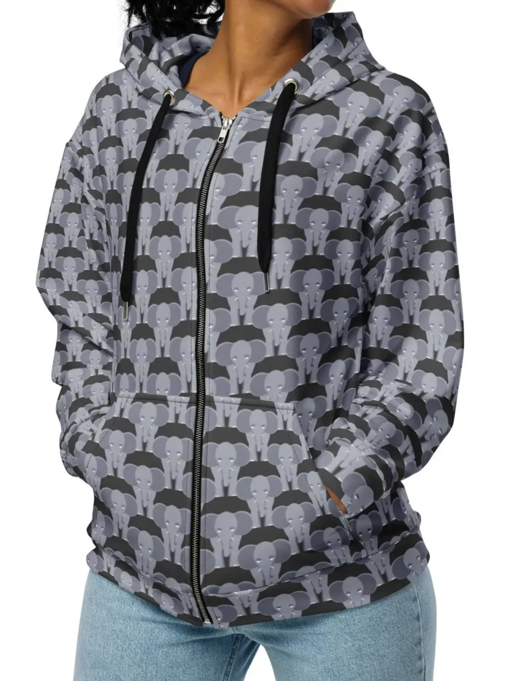 Novelty Elephant Print Zip Up Hoodie