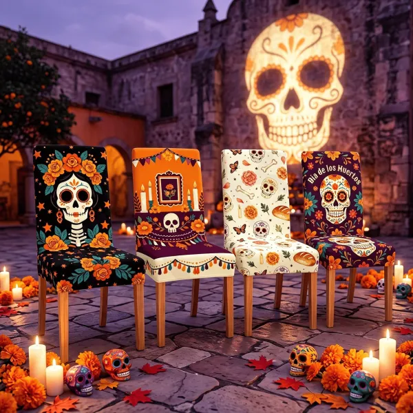 2Pcs Halloween Flower Skull Dining Chair Decoration Chair Cover