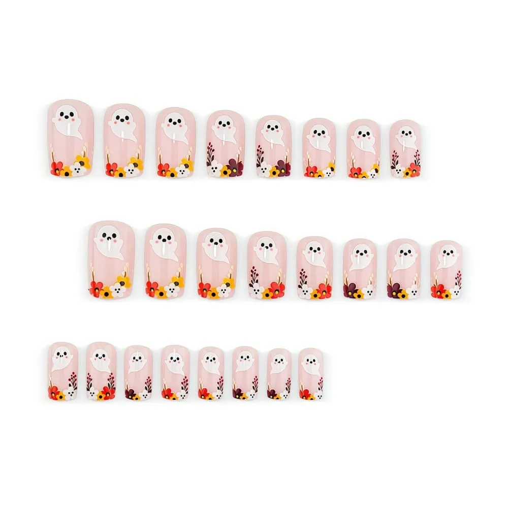 Nailhour 24Pcs French Halloween Cute Floral Ghost Short Square Press On Nails