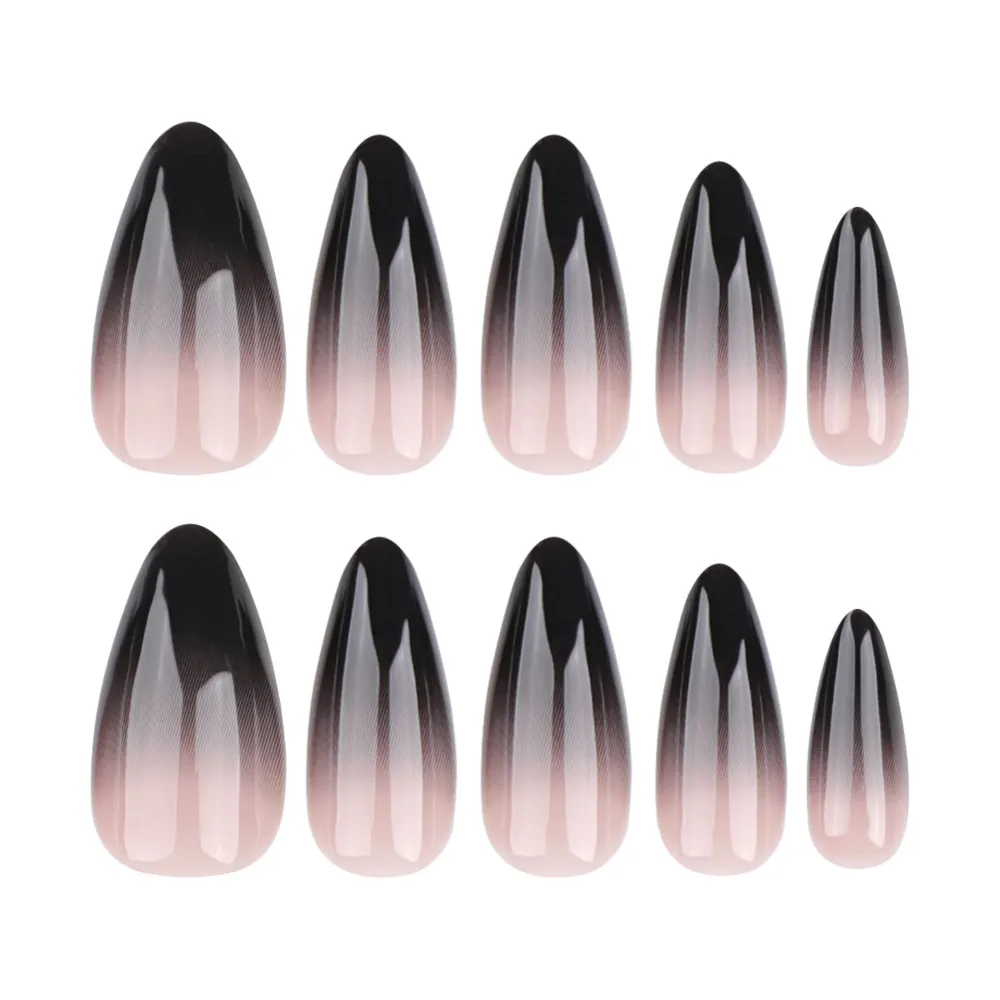 Nailhour 24Pcs Black Gradient Medium Almond French Press On Nails