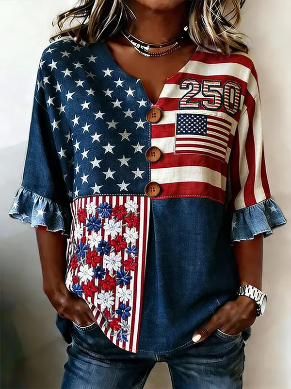 Women's Casual Patriotic 250th Anniversary Cotton Linen Shirt