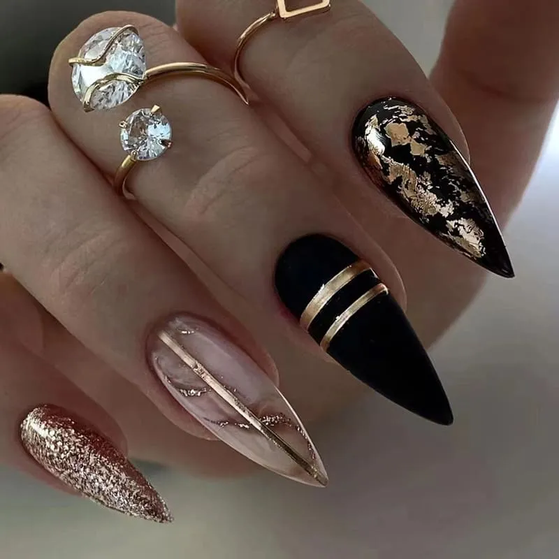 Nailhour 24Pcs Dark Medium Almond Gilded Press On Nails