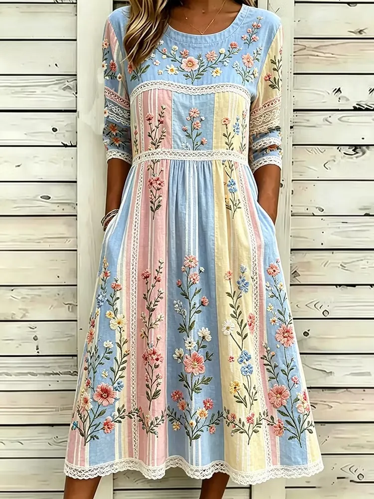 Women's Retro Floral Vine Art Patchwork Cotton And Linen Tattered Round Neck Mid Sleeve Dress