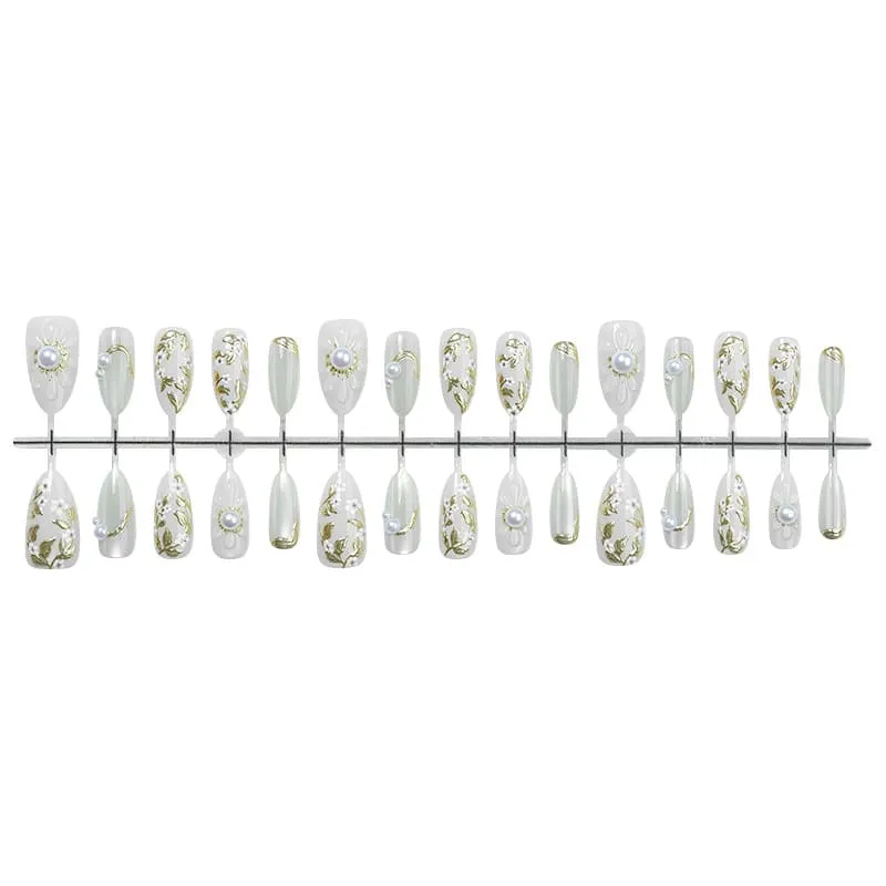 Nailhour 30Pcs Autumn French Nude Gilded Medium Almond Press On Nails