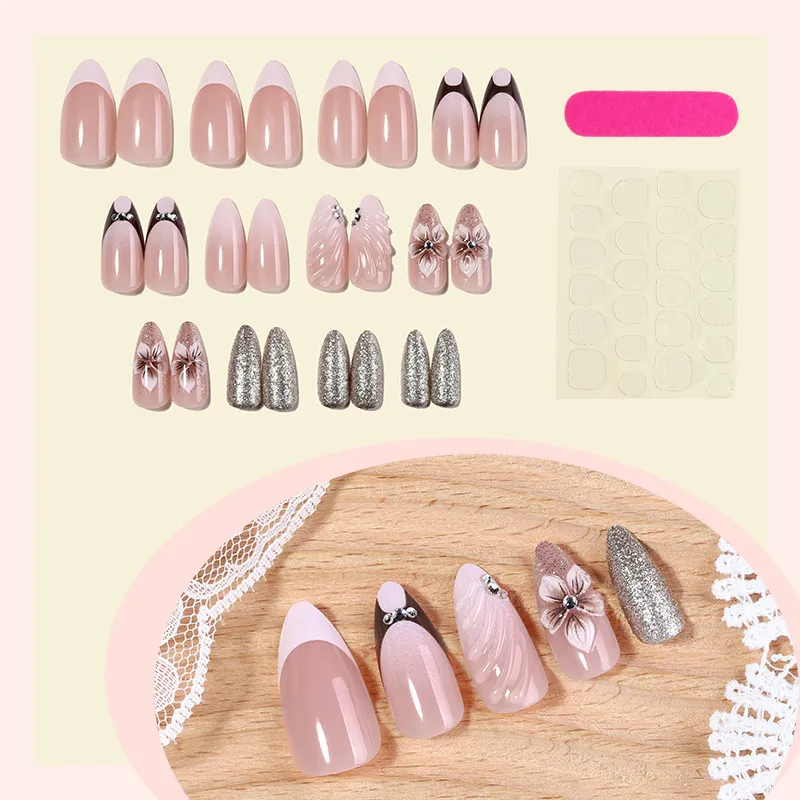 Nailhour 24Pcs Purple Glitter 3D Medium Almond Press On Nails