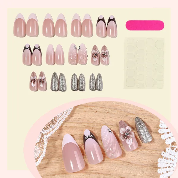 Nailhour 24Pcs Purple Glitter 3D Medium Almond Press On Nails