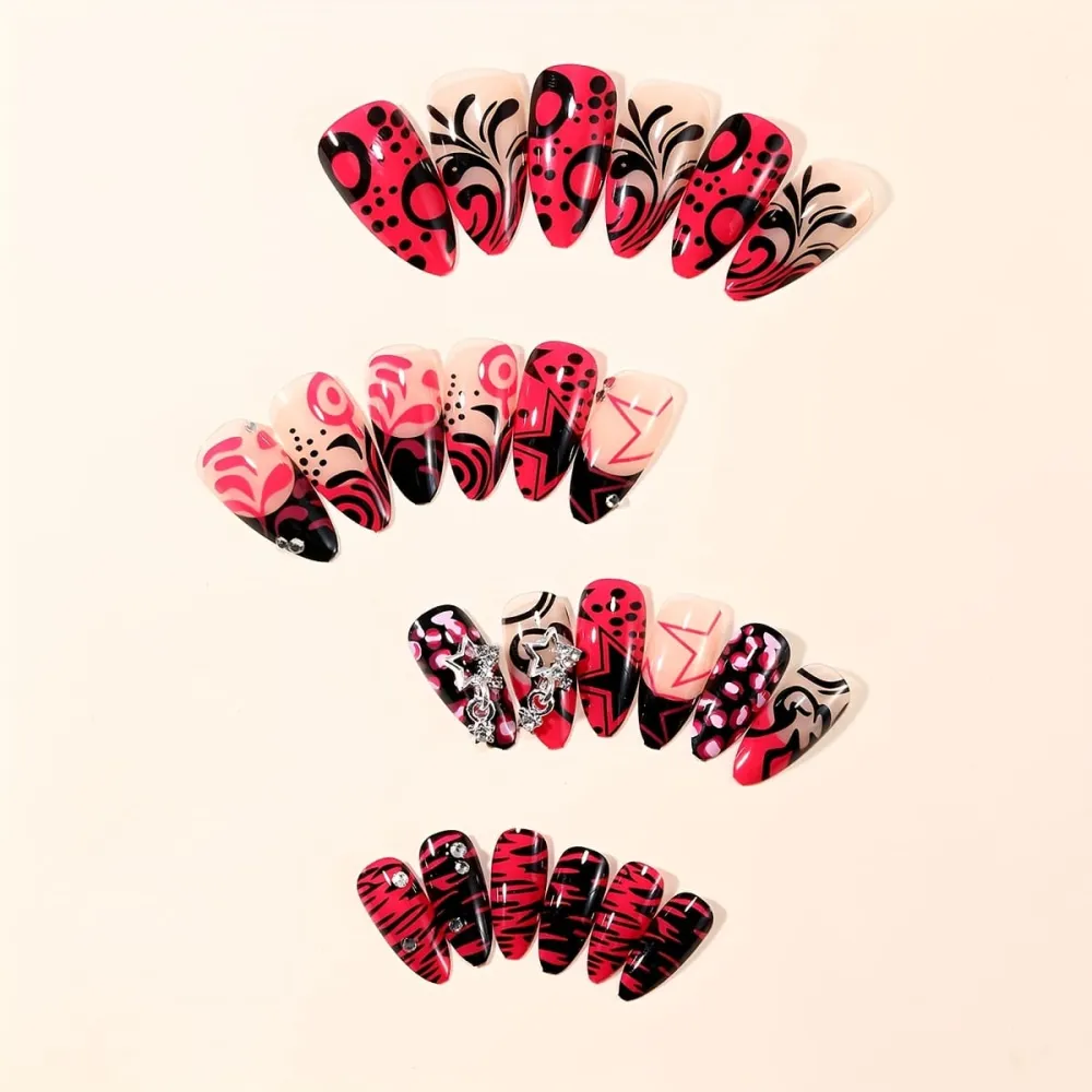 Nailhour 24Pcs 3D Rhinestone Pink Medium Almond Press On Nails